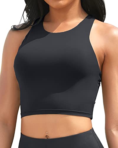 Yonique Damen Bikini Top Only Crop Swim Top Longline Badeanzug Tops High Neck Badeanzug Top, Schwarz, Medium von Yonique