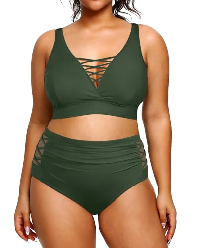 Yonique Damen-Bikini mit hoher Taille, zweiteiliger Badeanzug, Bauchkontrolle, Bademode, Grün (Army Green), 16 Plus von Yonique