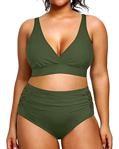 Yonique Damen-Bikini mit hoher Taille, zweiteiliger Badeanzug, Bauchkontrolle, Bademode, Grün (Army Green), 22 Plus von Yonique