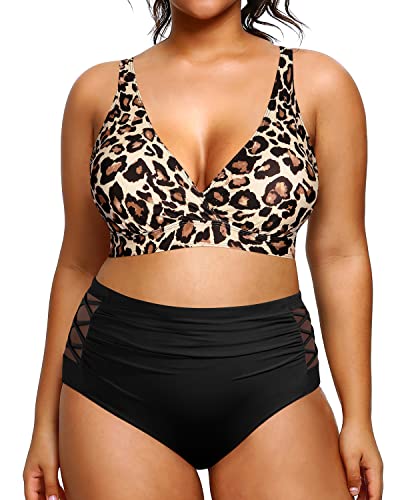 Yonique Damen-Bikini mit hoher Taille, zweiteiliger Badeanzug, Bauchkontrolle, Bademode, Leopard und Schwarz, Medium von Yonique