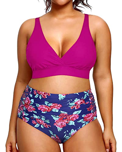 Yonique Damen-Bikini mit hoher Taille, zweiteiliger Badeanzug, Bauchkontrolle, Bademode, Lila und Blumen, 16 Plus von Yonique