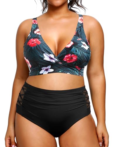 Yonique Damen-Bikini mit hoher Taille, zweiteiliger Badeanzug, Bauchkontrolle, Bademode, Schwarz Floral2, 44 Mehr von Yonique