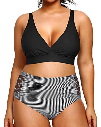 Yonique Damen-Bikini mit hoher Taille, zweiteiliger Badeanzug, Bauchkontrolle, Bademode, Schwarz und Streifen, 18 Plus von Yonique