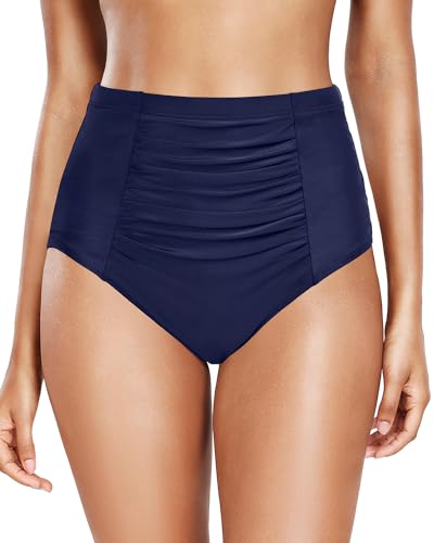 Yonique Damen-Bikinihose mit hoher Taille, Bauchkontrolle, Badeanzug, gerüscht, volle Abdeckung, Badeanzugunterteil, Marineblau, Large von Yonique