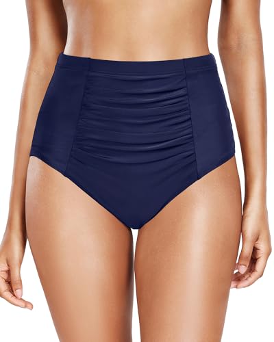 Yonique Damen-Bikinihose mit hoher Taille, Bauchkontrolle, Badeanzug, gerüscht, volle Abdeckung, Badeanzugunterteil, Marineblau, XL von Yonique