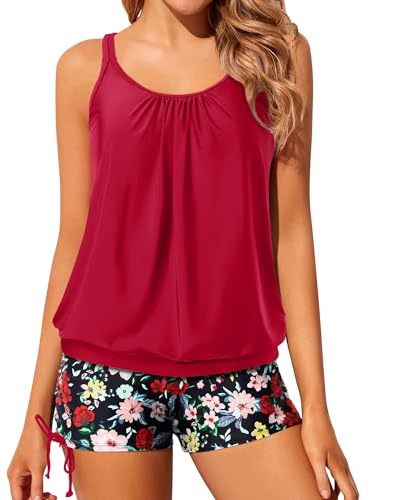 Yonique Damen Blouson Tankini Badeanzüge Zweiteiliger Träger-Badeanzug Tops mit Shorts Criss Cross Bademode, Red Floral 2, Large von Yonique