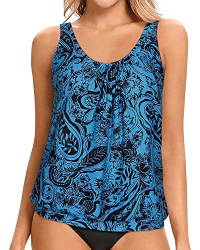 Yonique Damen Blouson Tankini-Oberteil, ohne Unterteil, lockere Passform, bescheidenes Tanktop, Paisleymuster in Blau und Schwarz, XX-Large von Yonique