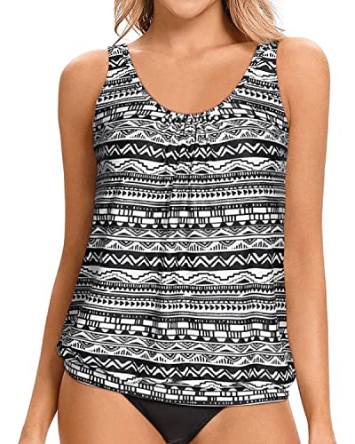 Yonique Damen Blouson Tankini-Oberteil, ohne Unterteil, lockere Passform, bescheidenes Tanktop, Schwarz-weiße Streifen, XX-Large von Yonique