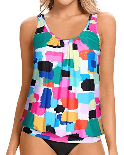 Yonique Damen Blouson-Tankini-Top ohne Unterteil, lockere Passform, Schwimm-Top, bescheidenes Tanktop, Farbblock, 4X-Large von Yonique