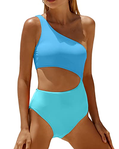 Yonique Damen Einteiler Badeanzug Einschulter Badeanzug Cutout Bademode Monokini, Blau, Medium von Yonique