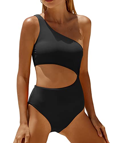 Yonique Damen Einteiler Badeanzug Einschulter Badeanzug Cutout Bademode Monokini, Schwarz, XL von Yonique