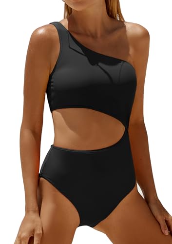Yonique Einteiliger Damen-Badeanzug, einschulterig, Bademode, Monokini, Schwarz, S von Yonique