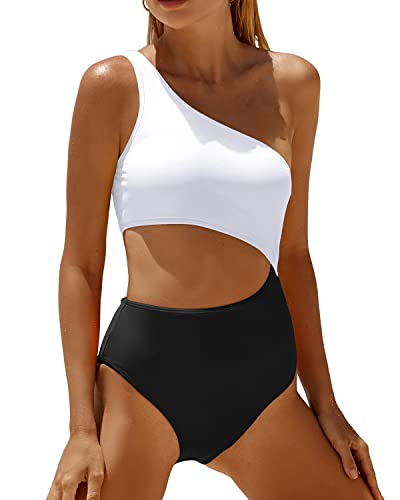 Yonique Damen Einteiler Badeanzug One Shoulder Badeanzug Ausschnitt Bademode Monokini, Weiß und Schwarz, Medium von Yonique