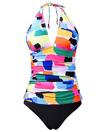 Yonique Damen Neckholder Tankini Badeanzüge V-Ausschnitt Tankini Tops mit Bikiniunterteil zweiteiliger Bauchkontrolle Badeanzüge, Farbblock, XX-Large von Yonique