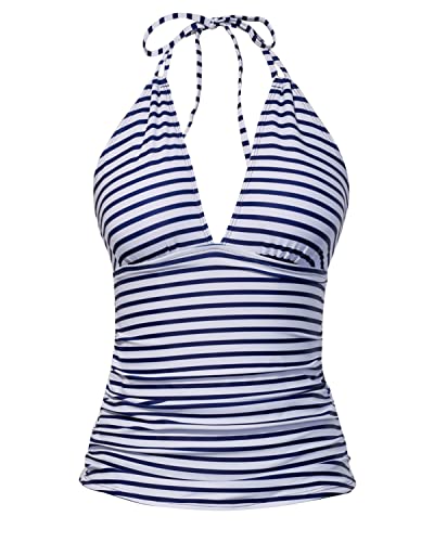 Yonique Damen Neckholder-Tankini-Top, ohne Unterteil, V-Ausschnitt, Badeanzug, Bauchkontrolle, Badeanzug, Oberteil, Blau und Weiß gestreift, XX-Large von Yonique