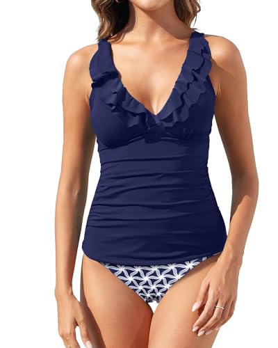 Yonique Damen-Tankini, 2-teilig, Falbala, gerüscht, tiefer V-Ausschnitt, Bademode, Blau geometrisch, Large von Yonique