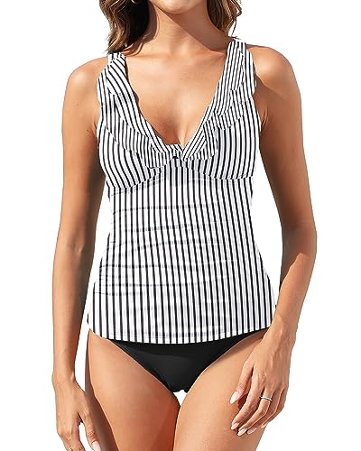 Yonique Damen-Tankini, 2-teilig, Falbala, gerüscht, tiefer V-Ausschnitt, Bademode, Schwarz-weiß gestreift, Large von Yonique