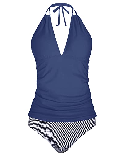 Yonique Damen-Tankini, Neckholder, V-Ausschnitt, Tankini-Oberteil mit Bikinihose, zweiteilig, Bauchkontrolle, Badeanzüge, Blau und Streifen-1, Mittel von Yonique