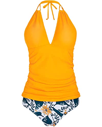 Yonique Damen-Tankini, Neckholder, V-Ausschnitt, Tankini-Oberteil mit Bikinihose, zweiteilig, Bauchkontrolle, Badeanzüge, Gelb / Marineblau / Weiß, Medium von Yonique