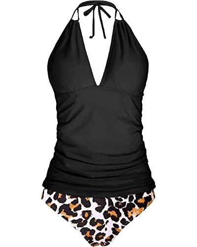 Yonique Damen-Tankini, Neckholder, V-Ausschnitt, Tankini-Oberteil mit Bikinihose, zweiteilig, Bauchkontrolle, Badeanzüge, Schwarz Leopard, XL von Yonique