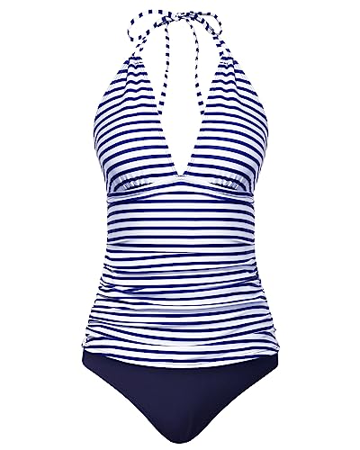 Yonique Damen-Tankini, Neckholder, V-Ausschnitt, Tankini-Oberteil mit Bikinihose, zweiteilig, Bauchkontrolle, Badeanzüge, blau gestreift, Medium von Yonique