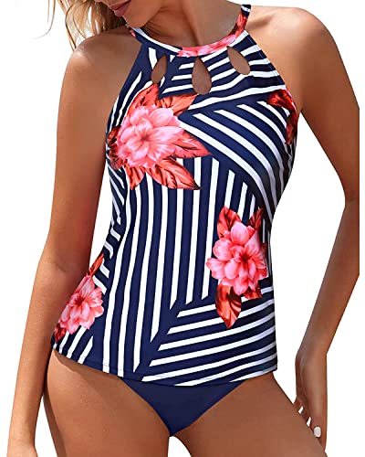 Yonique Damen Tankini-Badeanzug, Blau gestreift, XL von Yonique