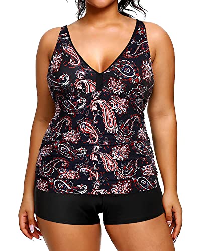 Yonique Damen Tankini-Badeanzug, V-Ausschnitt, zweiteiliger Badeanzug mit Shorts, hohe Taille, Bademode - Rot - 42-44 von Yonique