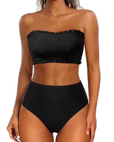 Yonique Damen Zweiteilige Badeanzüge Bandeau Bikini Set Smocked Off Shoulder Badeanzug mit Hohe Taille Hose, schwarz 2, Medium von Yonique