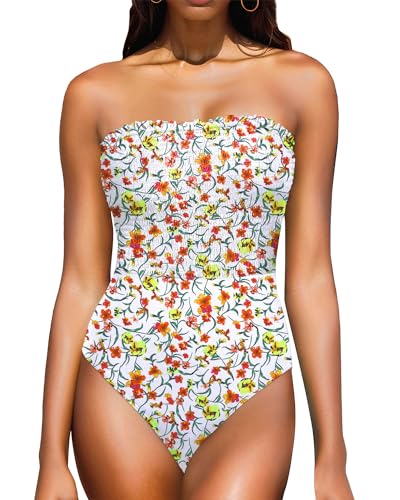 Yonique Damen trägerloser einteiliger Badeanzug, Bauchkontrolle, Bandeau-Badeanzüge, gesmokte Bademode, Floraler Print, Medium von Yonique