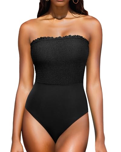 Yonique Damen trägerloser einteiliger Badeanzug, Bauchkontrolle, Bandeau-Badeanzüge, gesmokte Bademode, Schwarz-1, XX-Large von Yonique