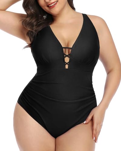 Yonique Deep V Neck Plus Size One Piece Swimsuits for Women Ruched Tummy Control Bathing Suits Lace Up Cross Back Swimwear,Black,16W von Yonique