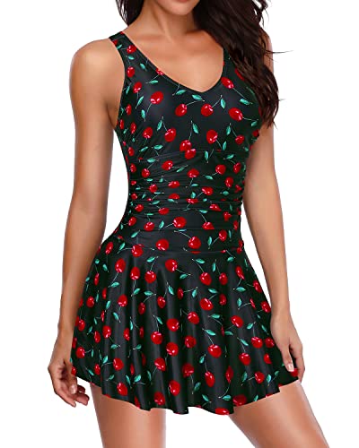 Yonique Einteilige Badeanzüge für Frauen, bescheidene Bauchkontrolle, Badekleid, Vintage-Badeanzüge, Rock, Bademode, Schwarz (Black Cherry), Large von Yonique