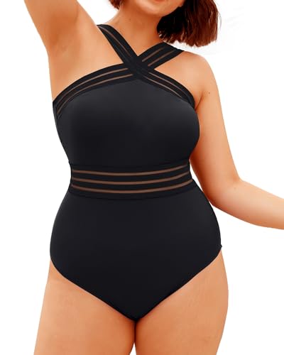 Yonique Einteiliger Badeanzug für Damen, Übergröße, Bauchkontrolle, Badeanzug, vorne gekreuzt, Bademode, trägerlos, Monokini, schwarz, XX-Large von Yonique