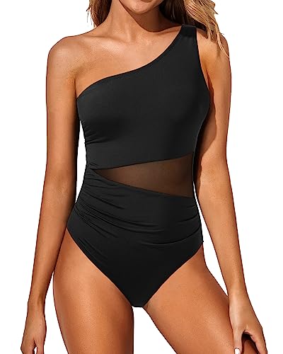 Yonique Frauen Einteiler One Shoulder Badeanzug Bauchkontrolle Badeanzug Mesh Bademode, Einfarbig Schwarz, XX-Large von Yonique