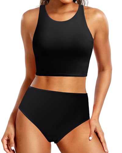 Yonique Frauen High Waist Bikini Zweiteiliger Badeanzug Sportliche Badeanzüge Full Coverage Bademode, Schwarz, XL von Yonique