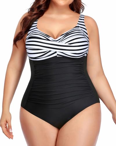 Yonique Frauen Plus Size Einteilige Badeanzüge Bauchkontrolle Badeanzüge Twist Front Geraffte Bademode, Gestreift, Schwarz, 18 Plus von Yonique