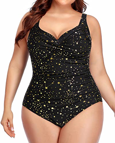 Yonique Frauen Plus Size Einteilige Badeanzüge Bauchkontrolle Badeanzüge Twist Front Geraffte Bademode, Schwarz und Sterne, 16 Plus von Yonique