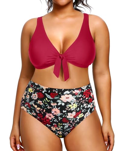 Yonique Frauen Plus Size Zweiteilige Badeanzüge Hohe Taille Bikini Set Krawatte Knoten Badeanzüge Bauchkontrolle Bademode, Rot und Blumenmuster, 18 Plus von Yonique