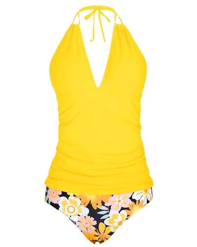 Yonique Neckholder-Tankini, zweiteilige Badeanzüge für Damen, Bauchkontrolle, Badeanzug, V-Ausschnitt, Bademode für Damen, Gelb mit Blumenmuster, Large von Yonique