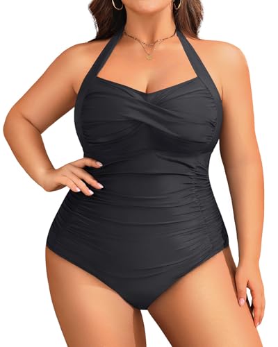 Yonique Neckholder Vintage Plus Size Badeanzug für Frauen Bauchkontrolle Badeanzug gerüscht Einteiler Bademode - Schwarz - XX-Large von Yonique