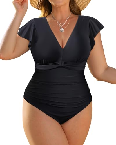 Yonique Plus Size Badeanzüge für Frauen Einteiler Bauchkontrolle Badeanzüge Rüschen Bademode, Einfarbig Schwarz, 44 Mehr von Yonique