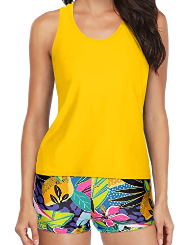 Yonique Tankini-Badeanzüge für Damen, 3-teiliges Badeanzug, Badeanzug, Tank Top mit Jungen-Shorts und BH, bescheidene Bademode, Blumendruck in Gelb und Blau, Medium von Yonique