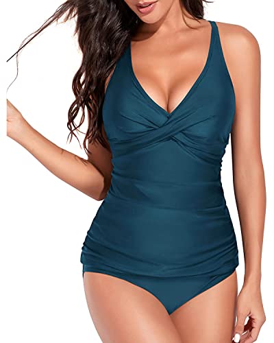 Yonique Tankini-Badeanzüge für Damen, Bauchkontrolle, Badeanzüge, zweiteilig, Tankini-Tops mit Bikinihose, gedrehte Bademode, pine green, Large von Yonique