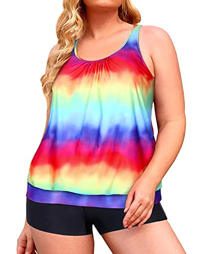 Yonique Tankini-Badeanzüge für Damen, Blouson, Tankini, Oberteil mit Badeshorts, zweiteiliger Badeanzüge, Regenbogenfarben., von Yonique