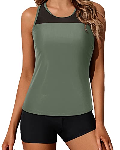 Yonique Tankini-Badeanzüge für Damen mit Shorts, athletisch, zweiteilig, Badeanzüge, Racerback, Tank Tops, Bademode, Grün (Army Green), Medium von Yonique