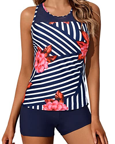 Yonique Tankini-Badeanzüge für Damen mit Shorts, athletisch, zweiteilig, Badeanzüge, Racerback, Tank Tops, Bademode, Marineblau gestreift, XL von Yonique