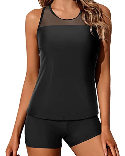 Yonique Tankini-Badeanzüge für Damen mit Shorts, athletisch, zweiteilig, Badeanzüge, Racerback, Tank Tops, Bademode, Schwarz, S von Yonique