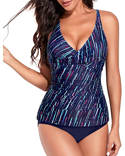 Yonique Tankini Badeanzüge für Frauen Bauchkontrolle Badeanzüge Zweiteilige Tankini Oberteile mit Bikinihose Twist Bademode, Blaue und farbige Streifen, XX-Large von Yonique