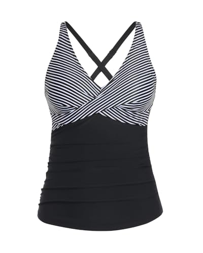 Yonique Tankini-Top mit Bauchkontrolle, V-Ausschnitt, Badeoberteil vorne, ohne Unterteil, schwarz und weiß, XX-Large von Yonique