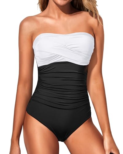 Yonique Trägerloser einteiliger Badeanzug für Damen, Bauchkontrolle, Bandeau-Badeanzüge, schlank, verdrehte Vorderseite, weiß / schwarz, Large von Yonique